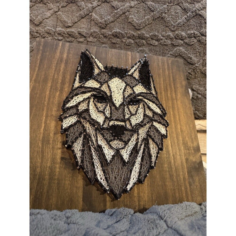 Nailed It By Sara Lynn Handmade Wolf String Art Plaque Grey, Black White on Wood - Picture 2 of 5